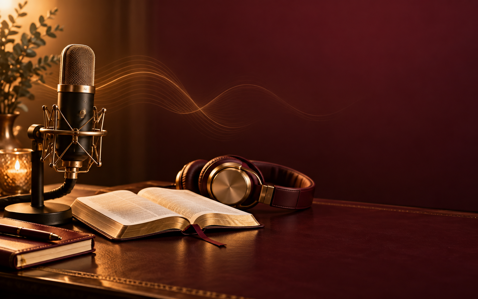 Microfone, livro aberto e fones representando os podcasts da obra