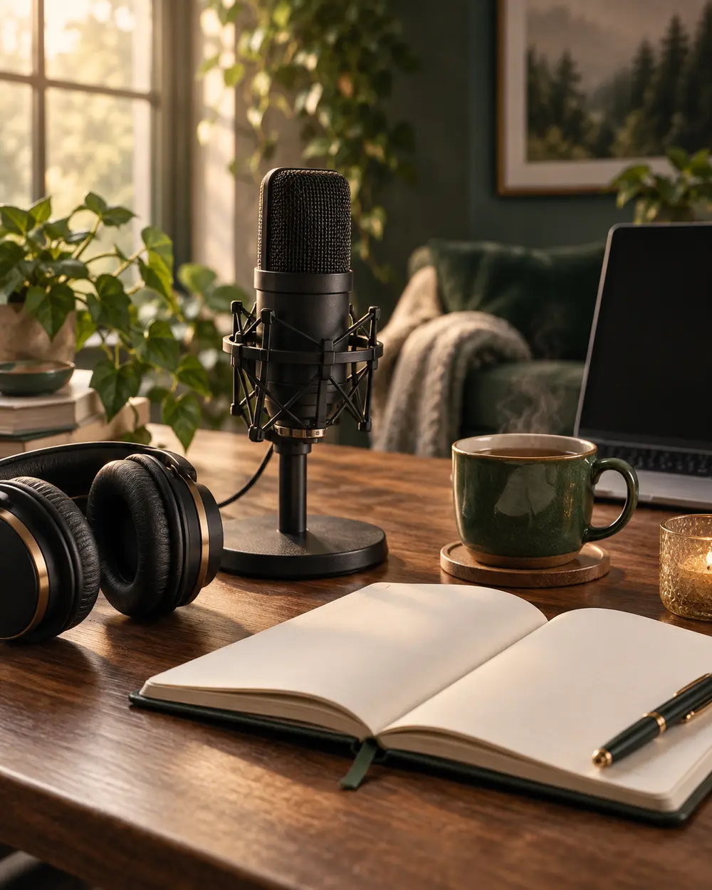 Microfone, fones e diário em um ambiente acolhedor para ouvir os podcasts