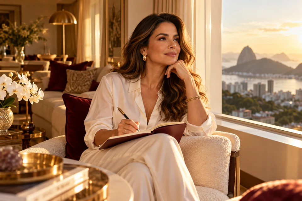 Mulher refletindo sobre sua identidade em um ambiente elegante
