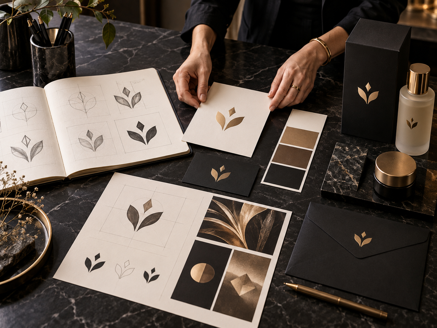 Criação de uma identidade visual profissional com símbolos, cores e aplicações de marca